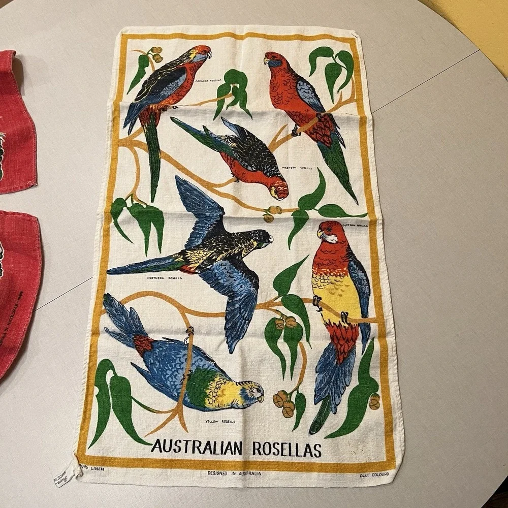 VTG Souvenir Linen Tea Towel Australian Scenic Bay Local Bird Kitchen Dish 17x28